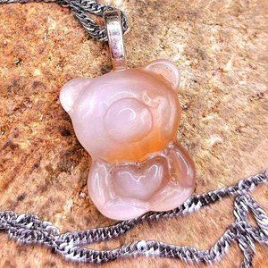 Nature Gray Agate Carved Loving Bear Pendant Necklace